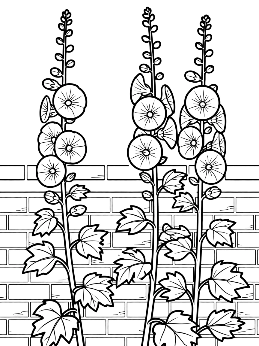 Hollyhocks growing against a garden wall