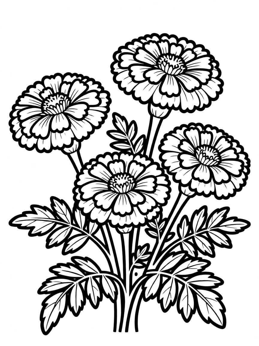 Marigolds with their ruffled sunny blooms