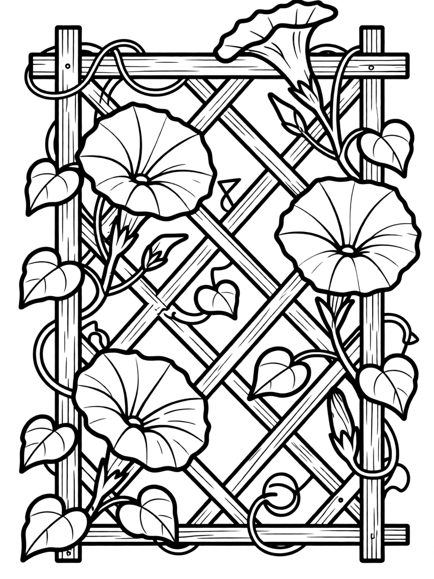 Morning glories climbing a trellis in early spring