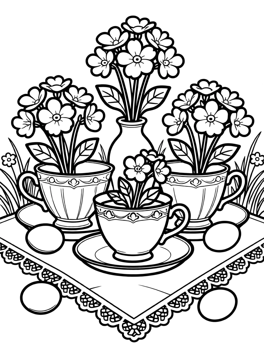 Primroses in vintage teacups for an Easter table