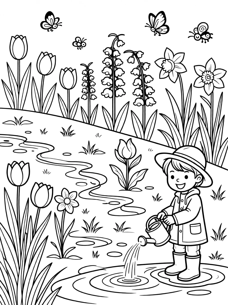 Rain garden with spring flowers that love moisture