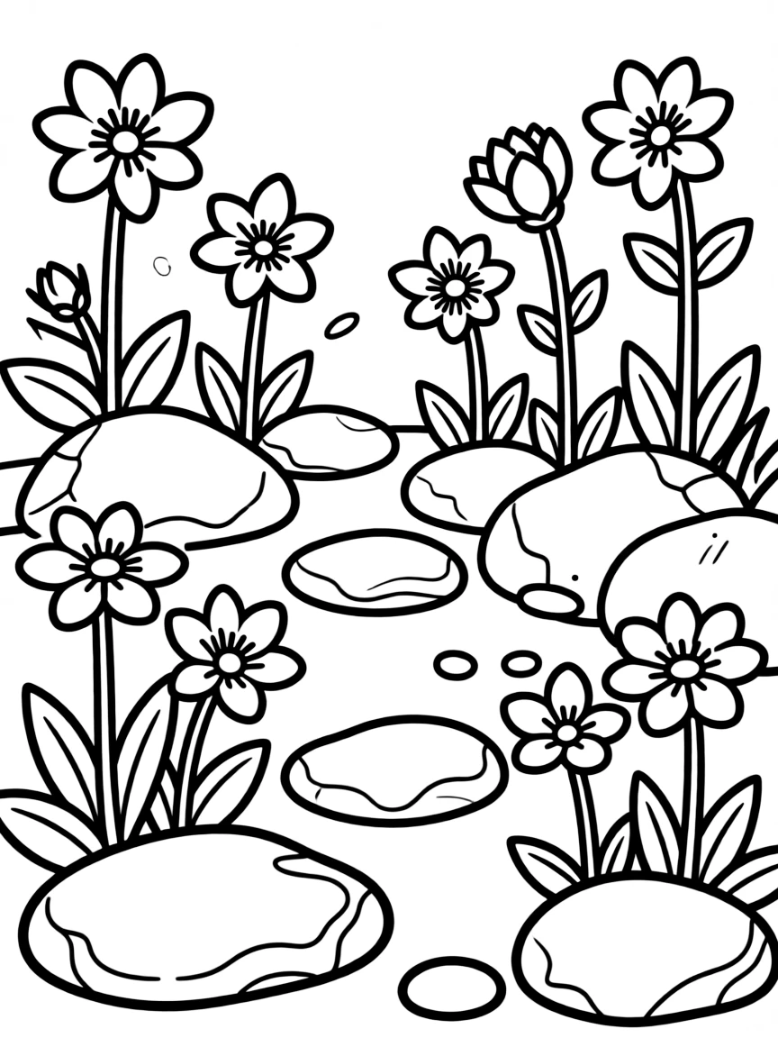 Rock garden with spring alpine flowers and decorative stones