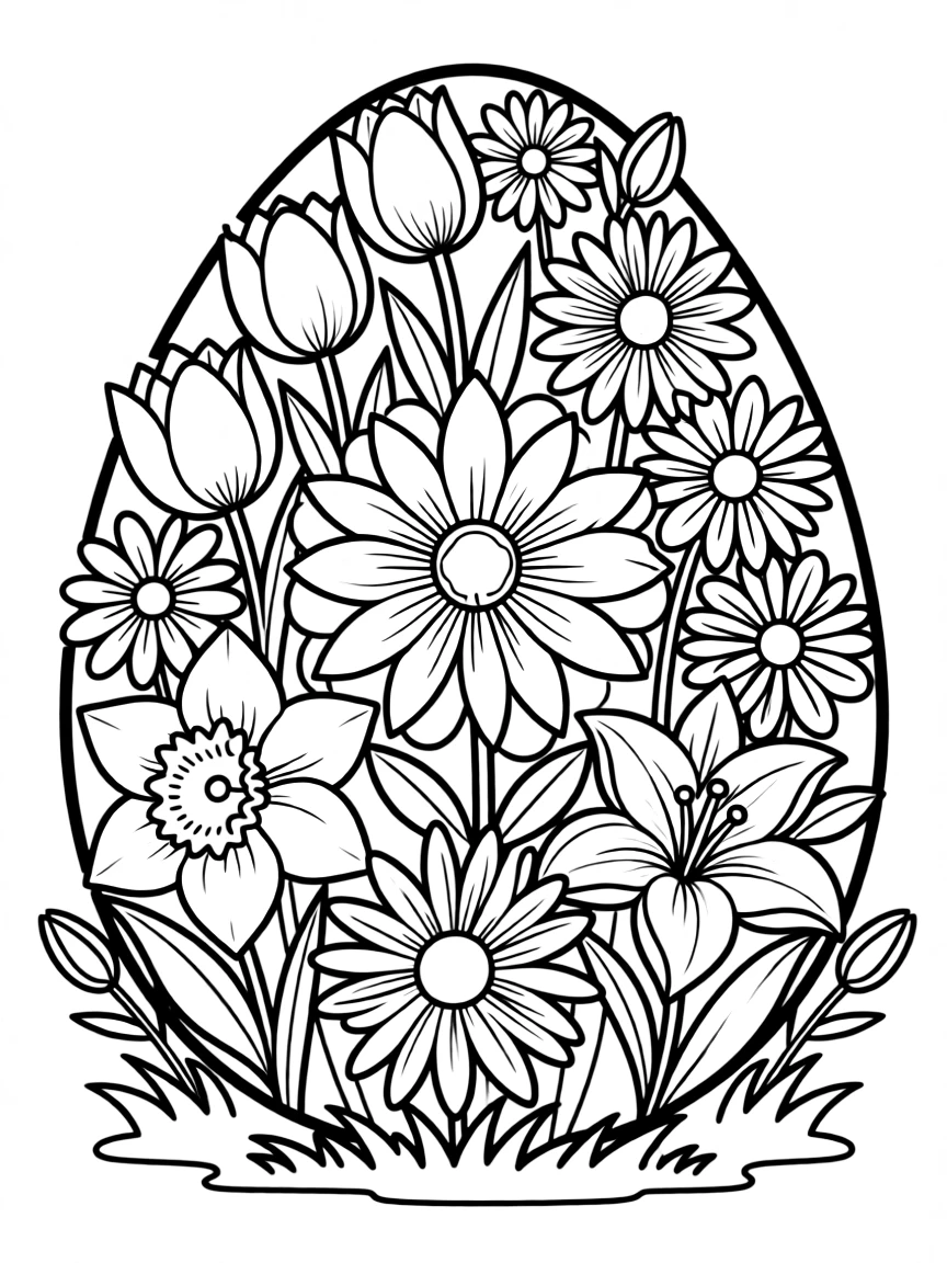 Spring flowers arranged in the shape of Easter eggs