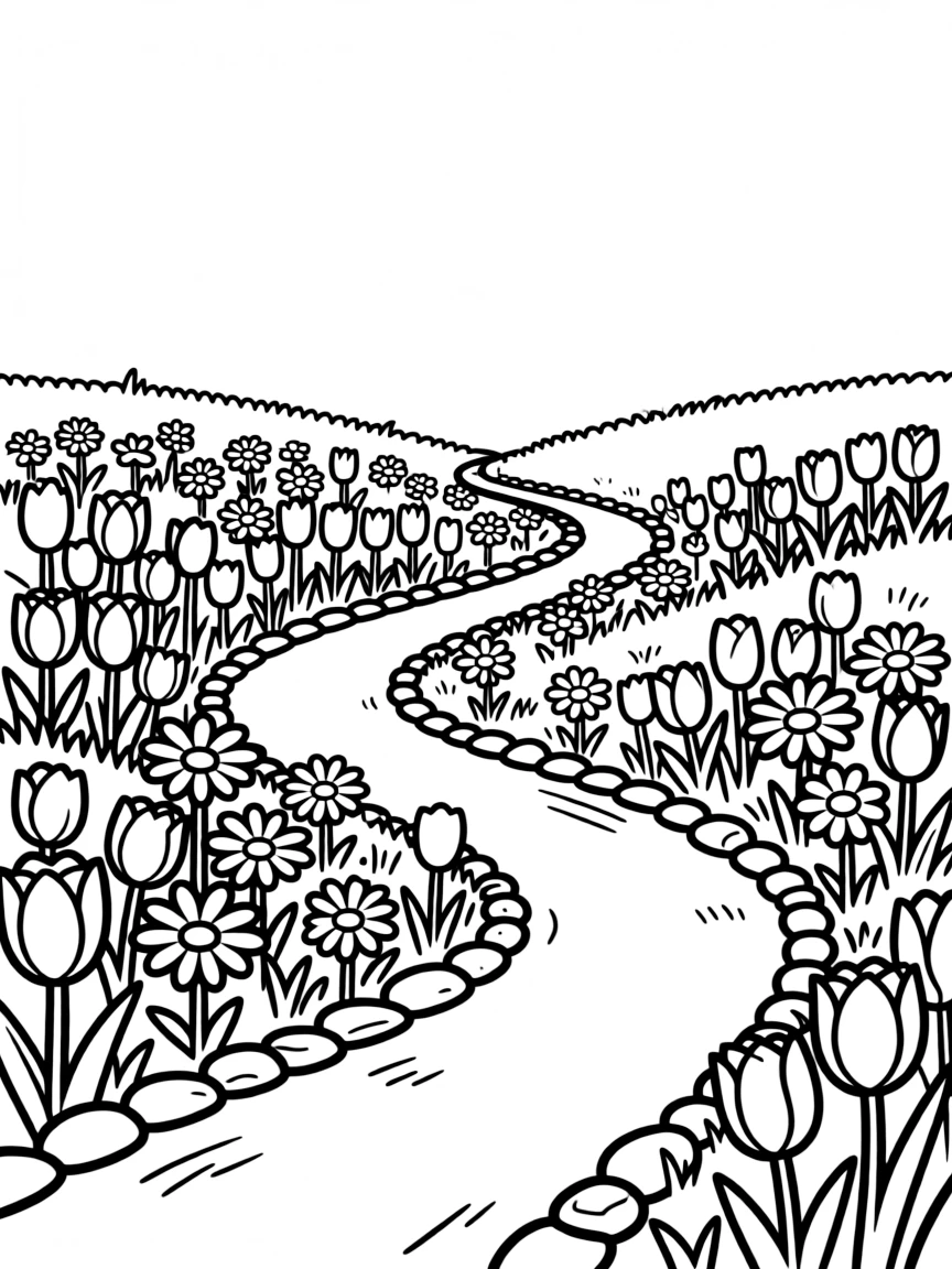 Spring flowers in a meadow with a path winding through