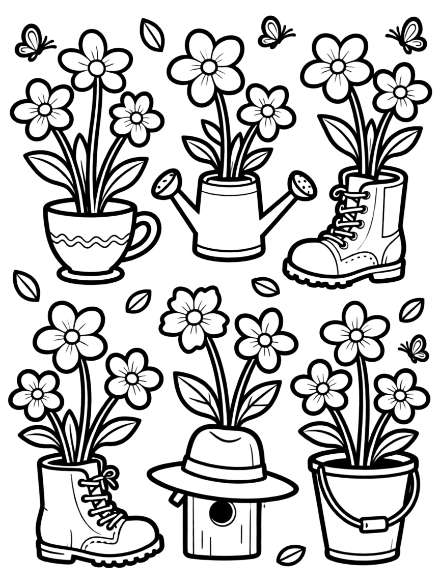 Spring flowers growing in unusual containers