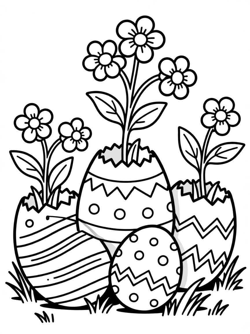 Spring flowers sprouting from Easter eggs