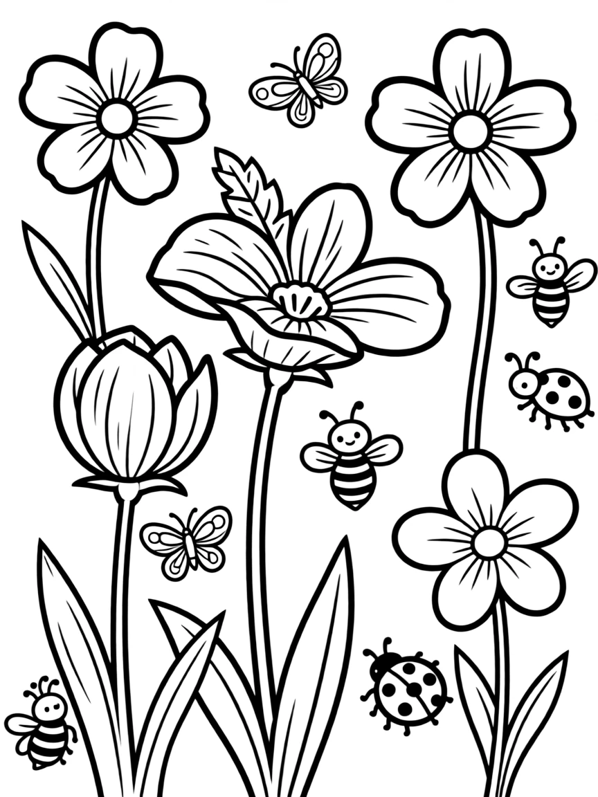 Spring flowers with garden creatures hidden among them