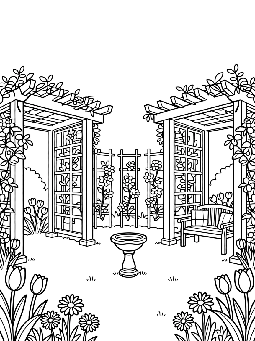 Spring garden with arbors, trellises and decorative features