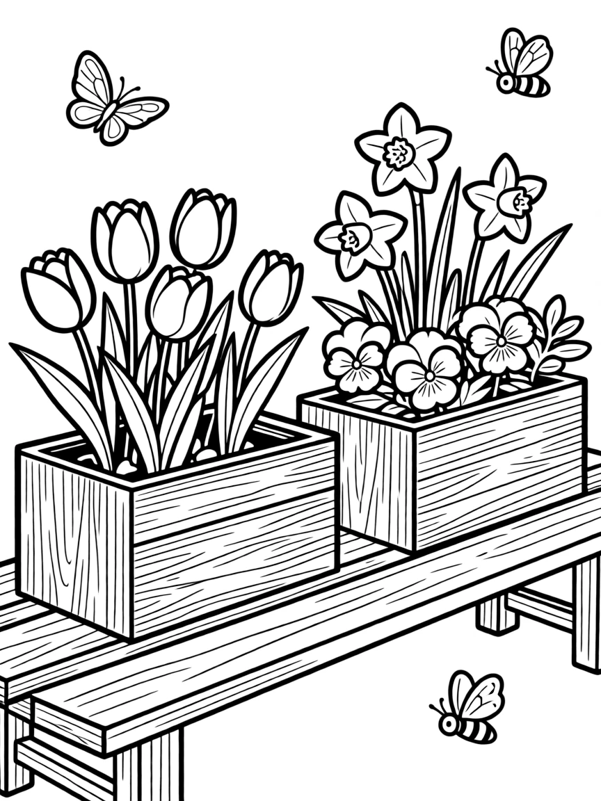 Spring planter boxes with complementary flower combinations