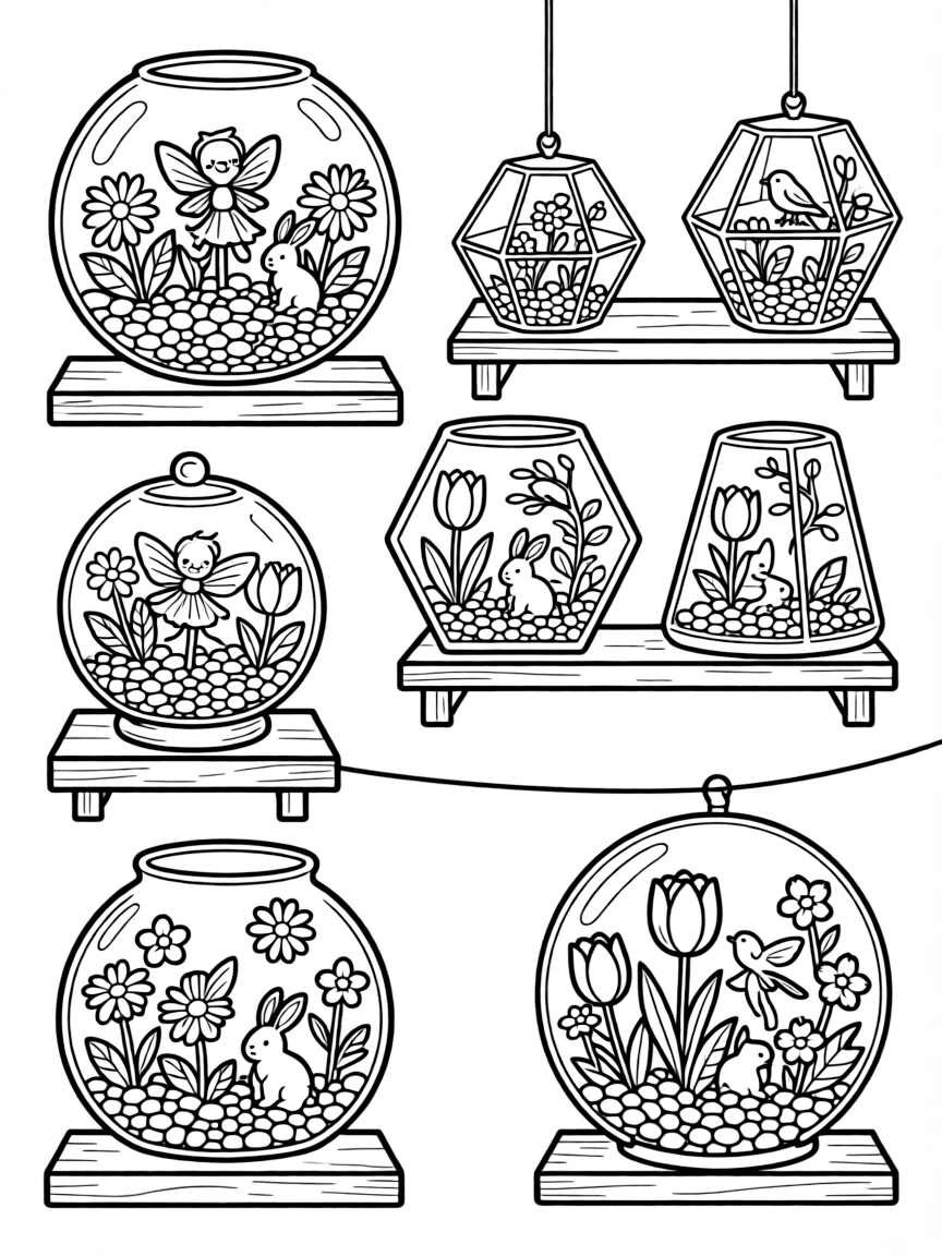Terrariums filled with tiny spring flowers and miniature scenes