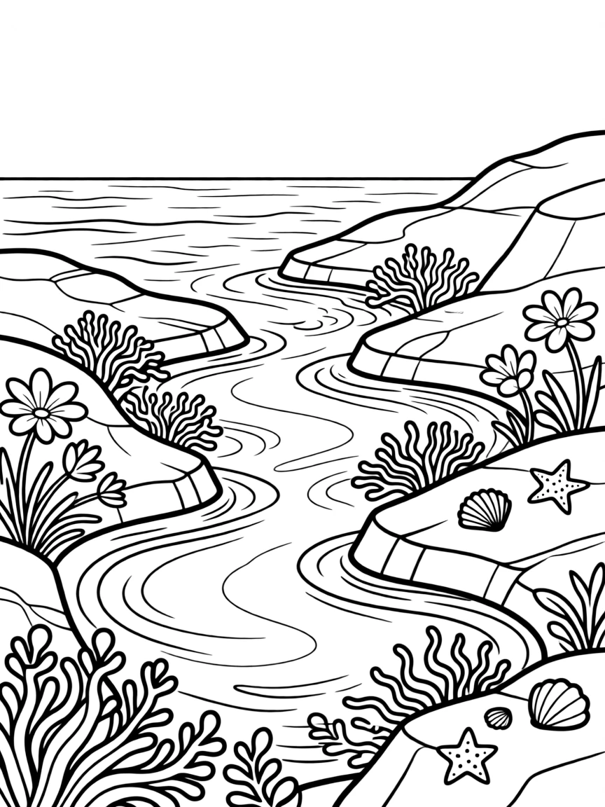 Tidal pools with spring algae and sea flowers