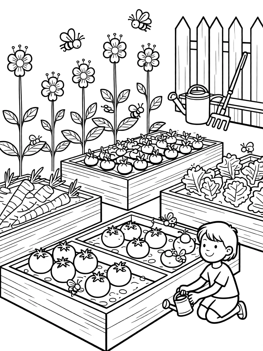 Vegetable garden with flowering plants for pollinators