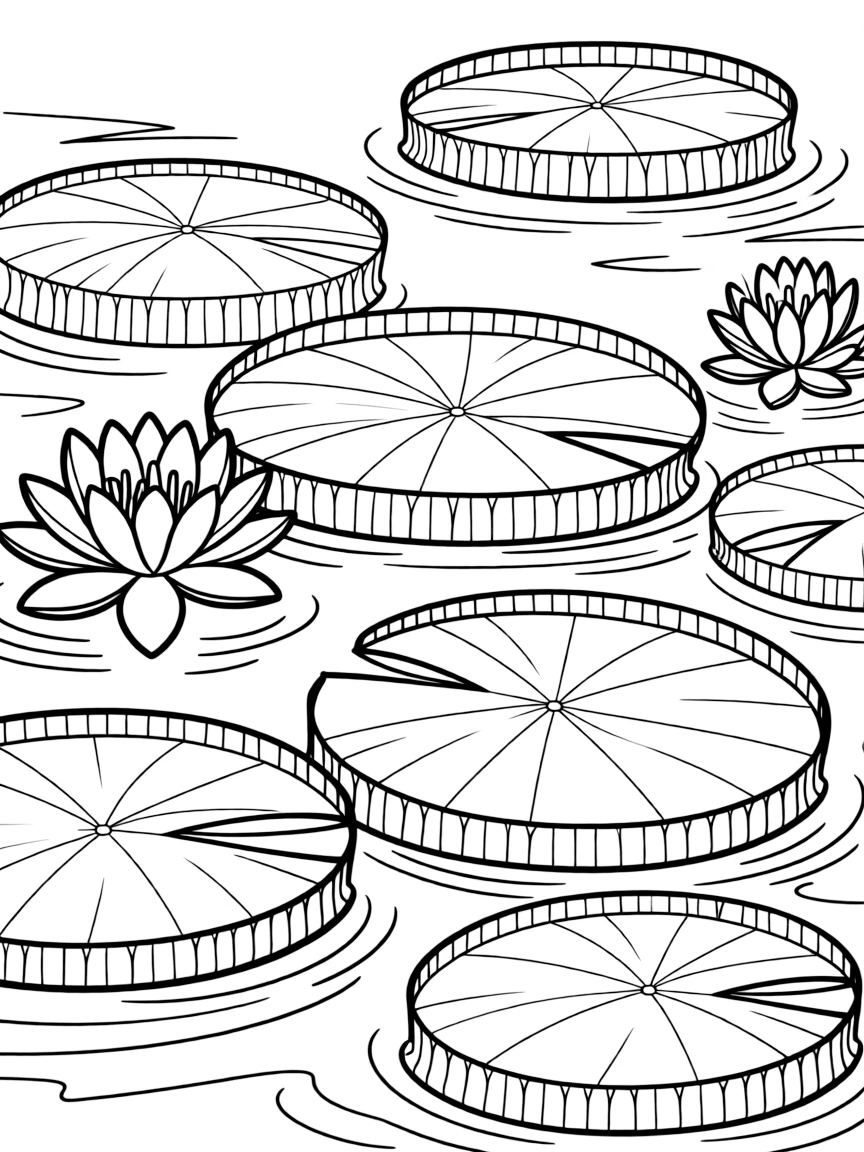 Victoria water lilies with their massive round leaves