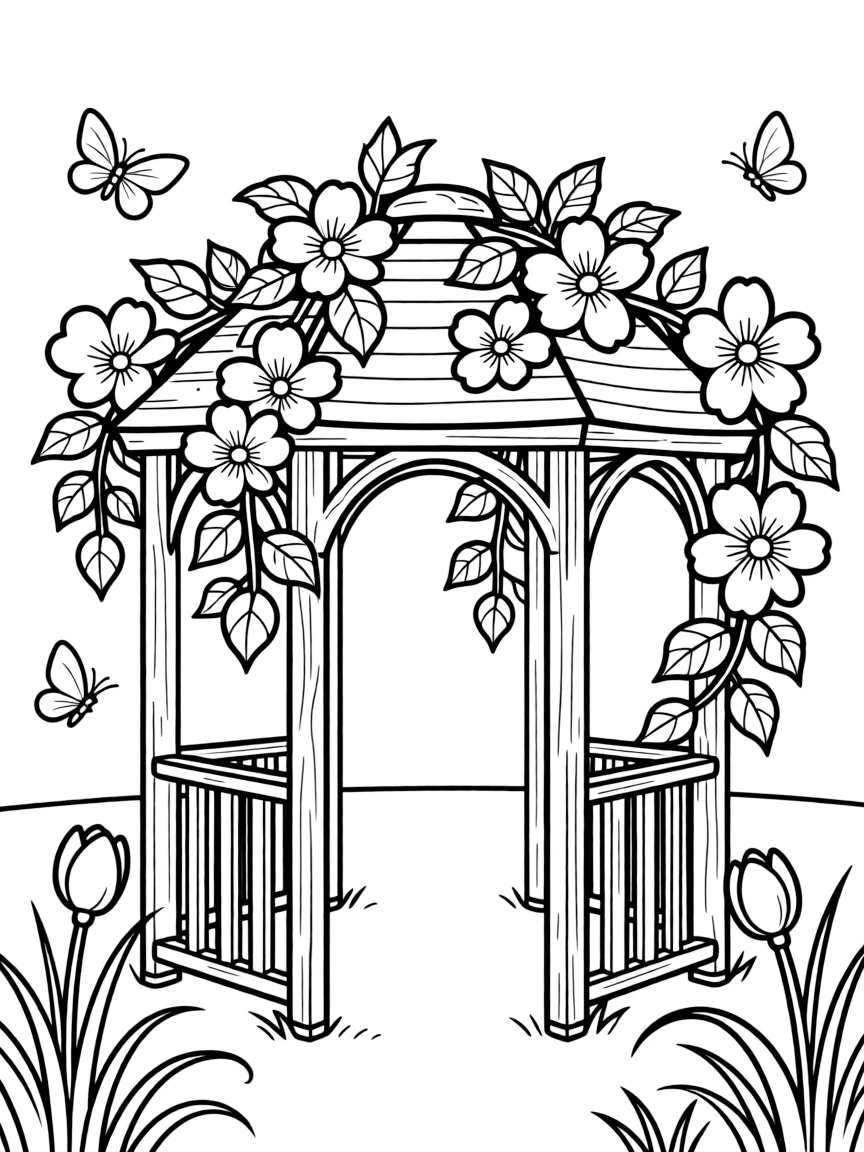 Vine-covered gazebo with spring flowers cascading down
