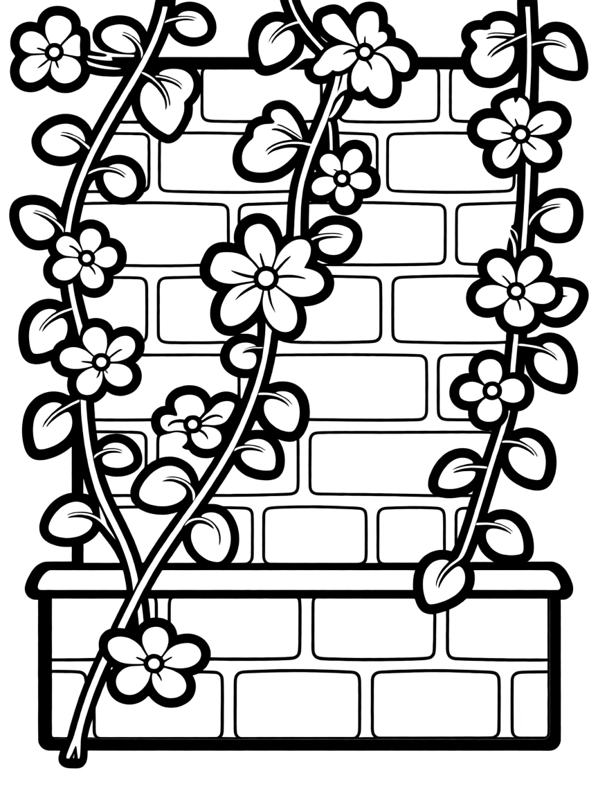 Vines with spring flowers climbing up a garden wall
