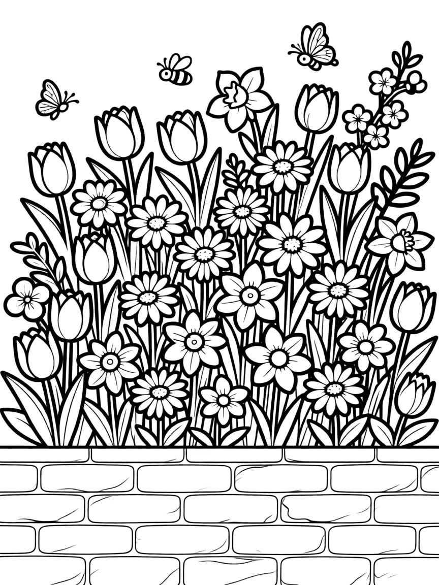 Wall of spring flowers creating a living tapestry
