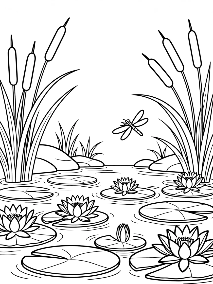 Water garden with spring-blooming aquatic plants