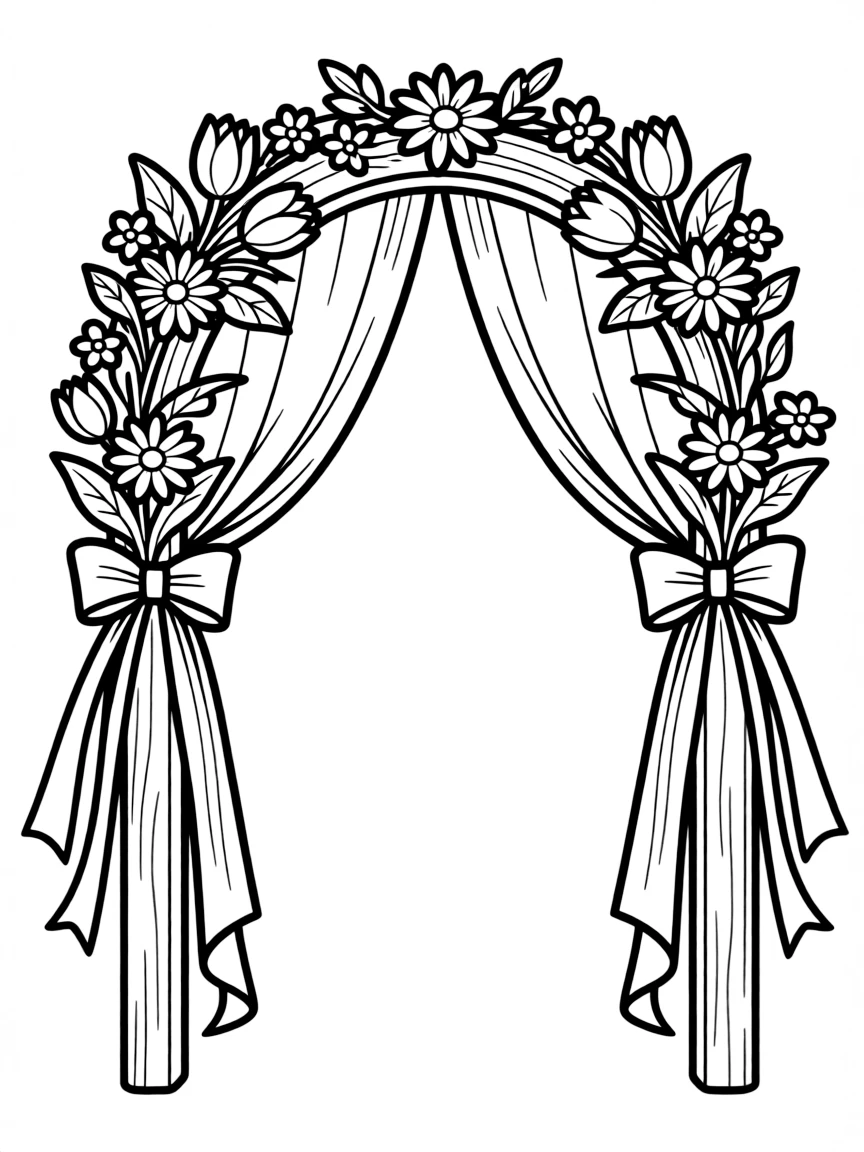 Wedding arch decorated with spring flowers and ribbons