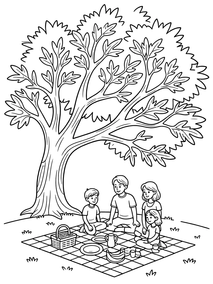 A family having a picnic under a large oak tree with a checkered blanket
