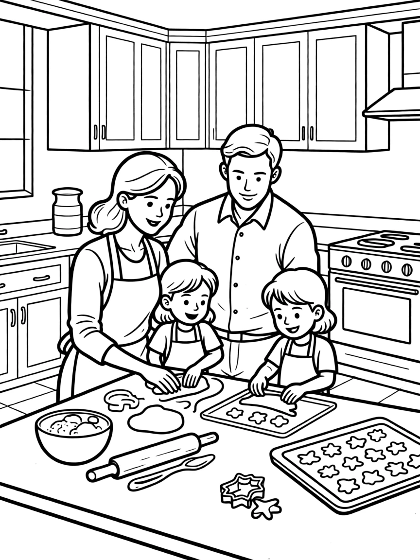 Parents teaching children how to bake cookies in a detailed kitchen