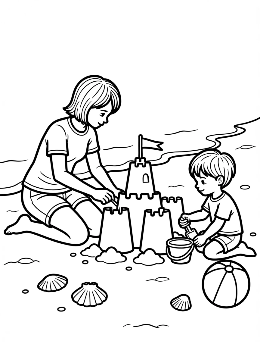 Parents and children building a sandcastle at the beach
