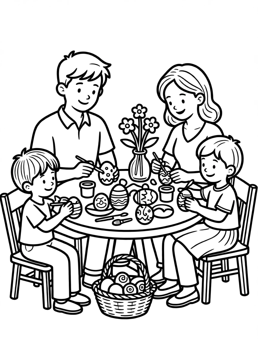 Family decorating Easter eggs with intricate patterns