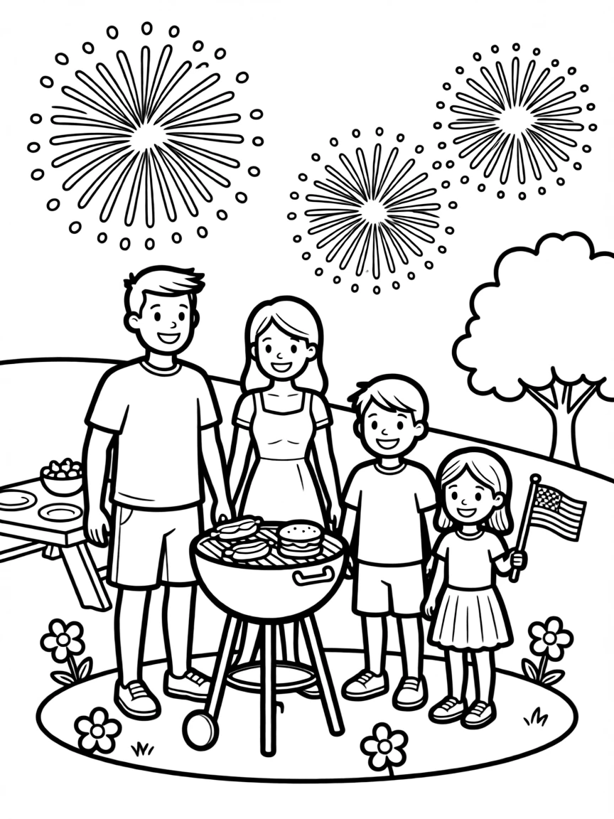 Fourth of July family barbecue with fireworks in the sky