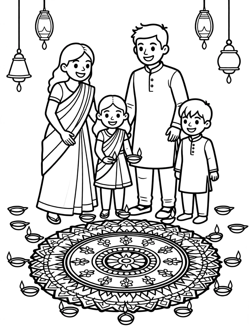 Family Diwali celebration with lamps and rangoli patterns
