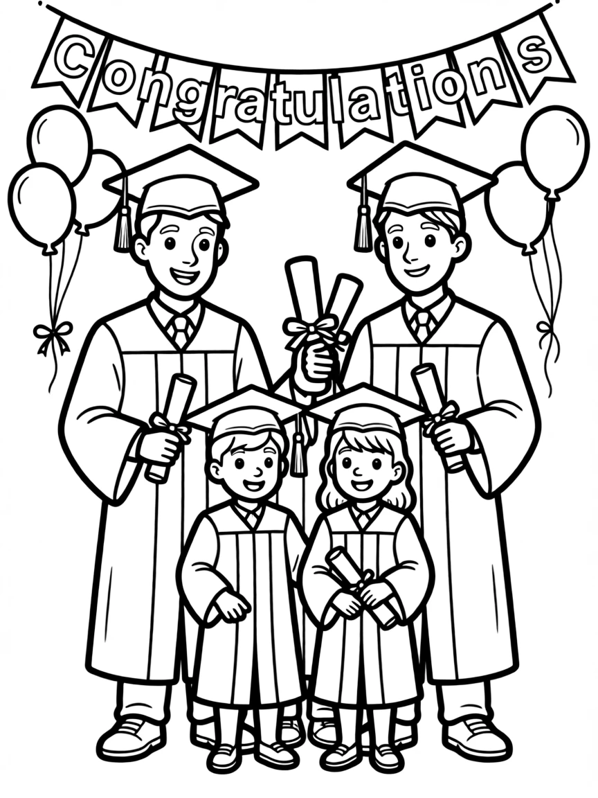 A family graduation celebration with caps and diplomas