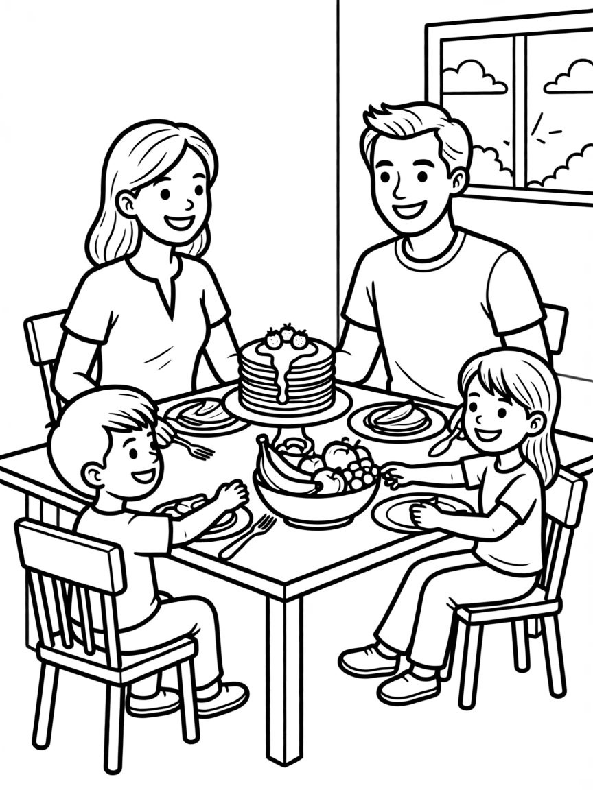 Family breakfast scene with pancakes and fruit