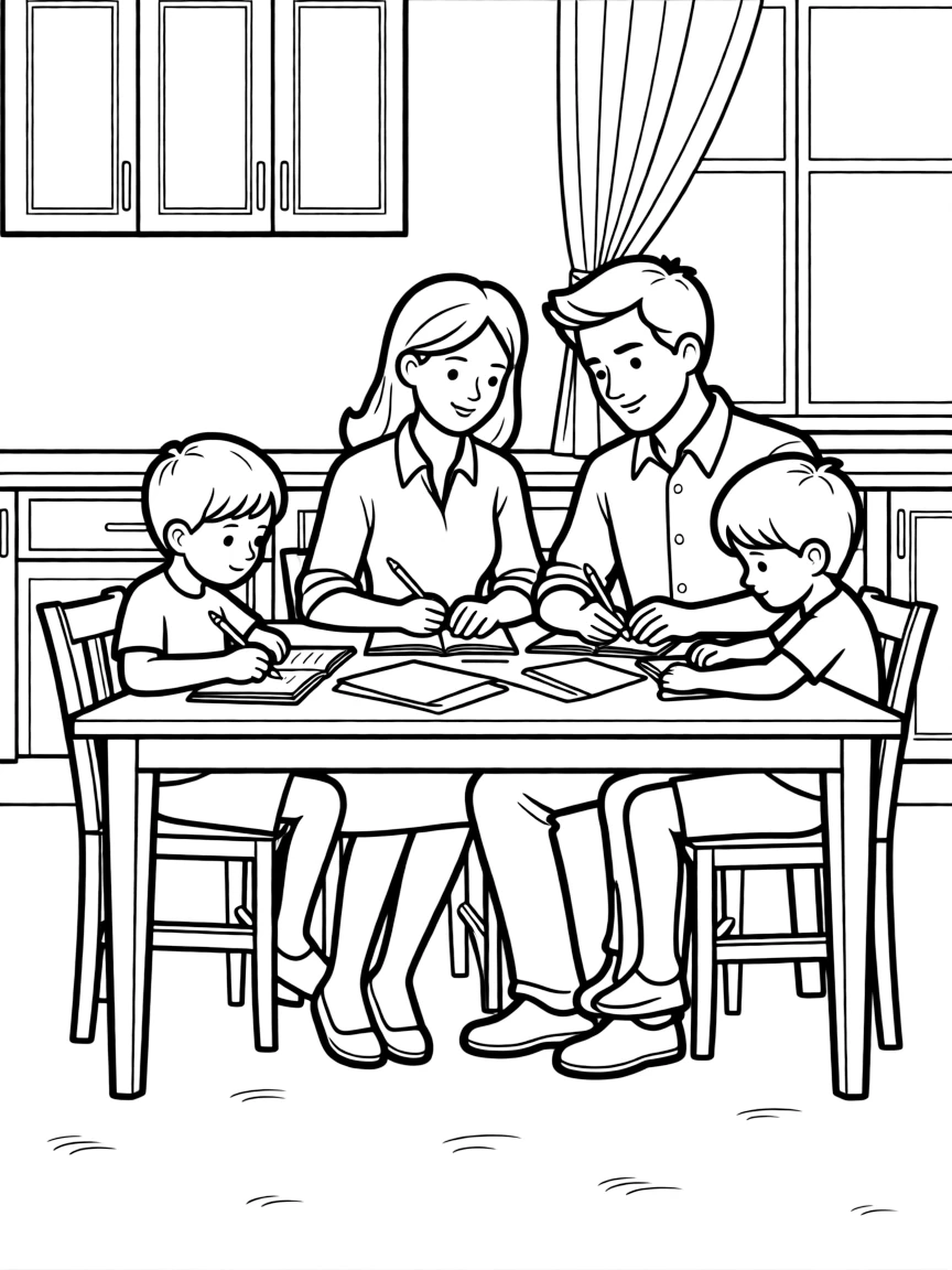 Parents helping children with homework at the kitchen table