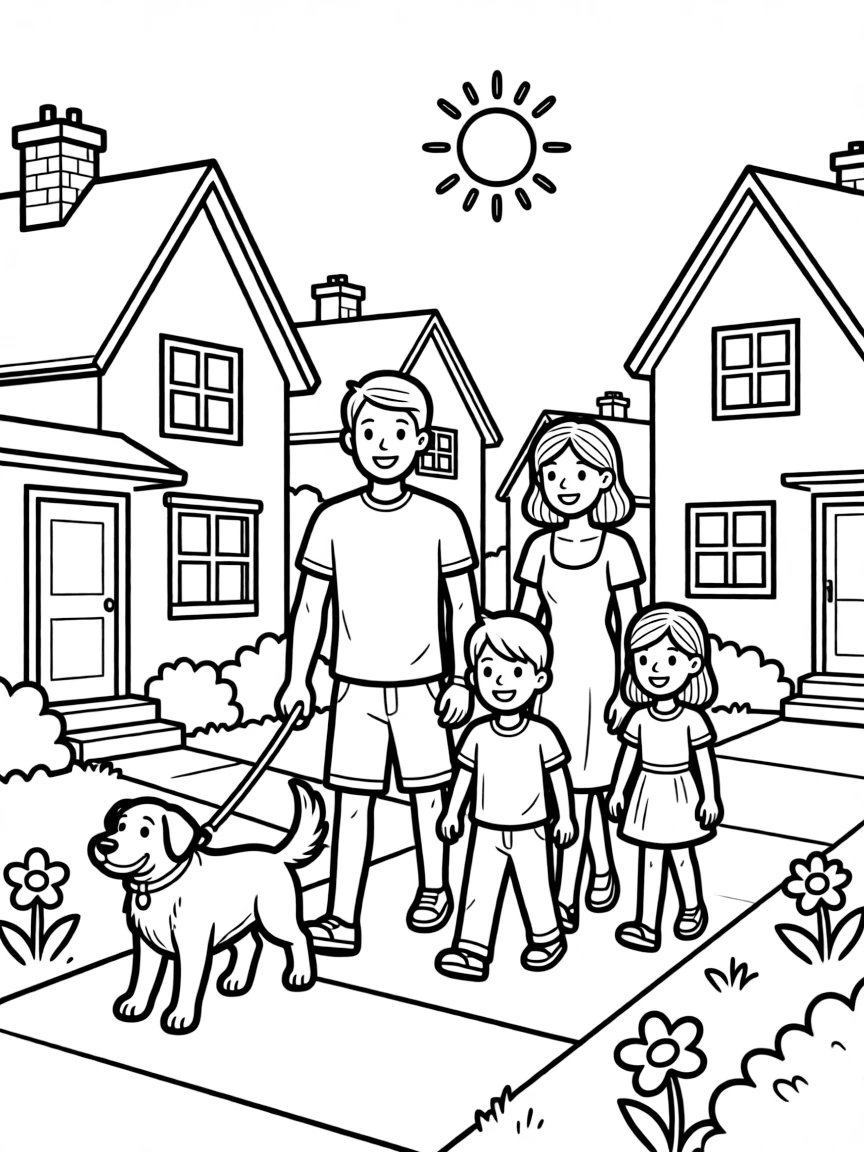 Family walking their dog in a neighborhood with houses