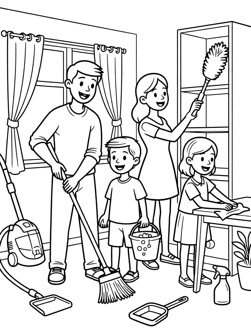 Family cleaning the house together with various cleaning tools