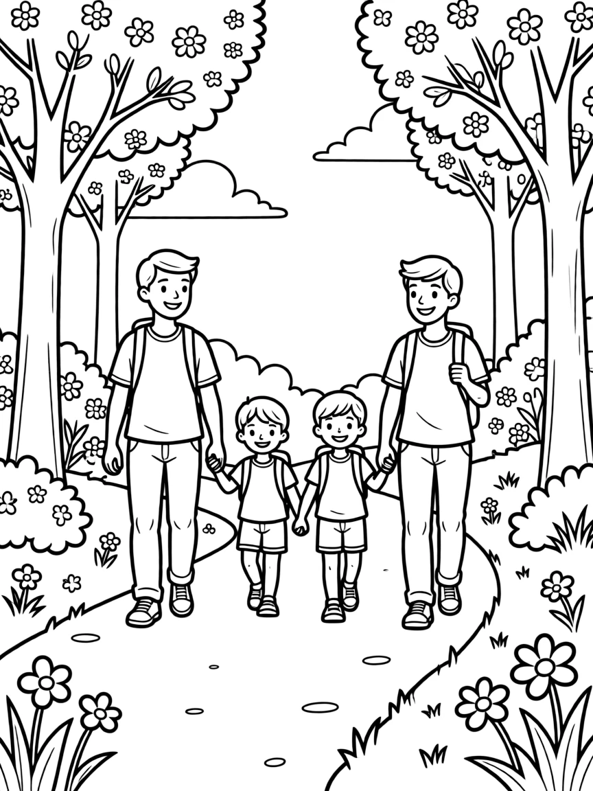 Spring family hike with blooming flowers and trees