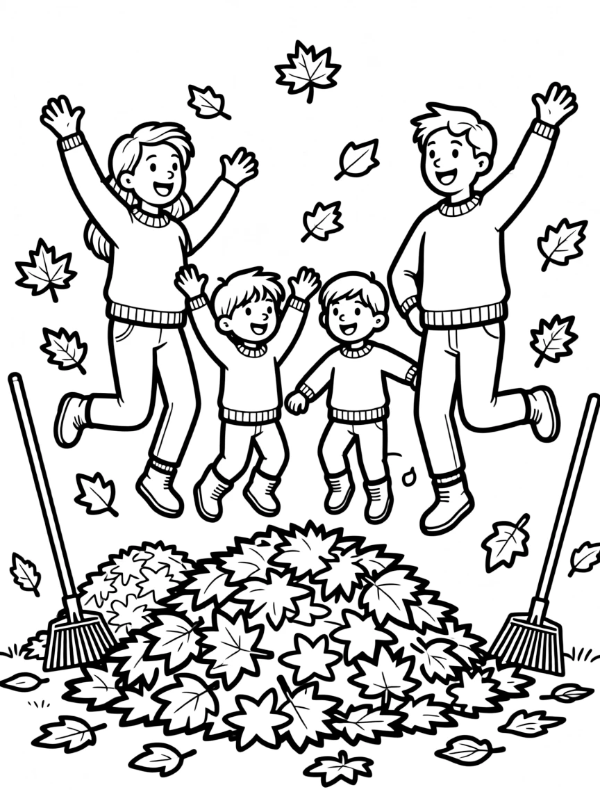 Family jumping in fall leaf piles with rakes nearby