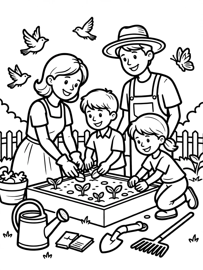 Spring family garden planting with seeds and tools