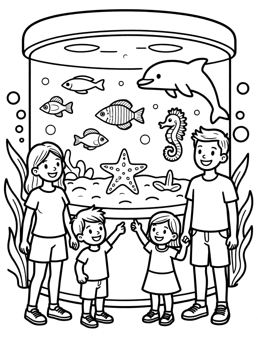 Family day at the aquarium with fish and sea creatures