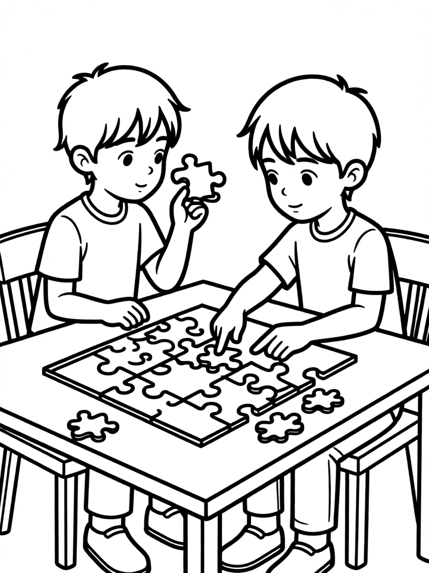 Siblings helping each other with a difficult puzzle