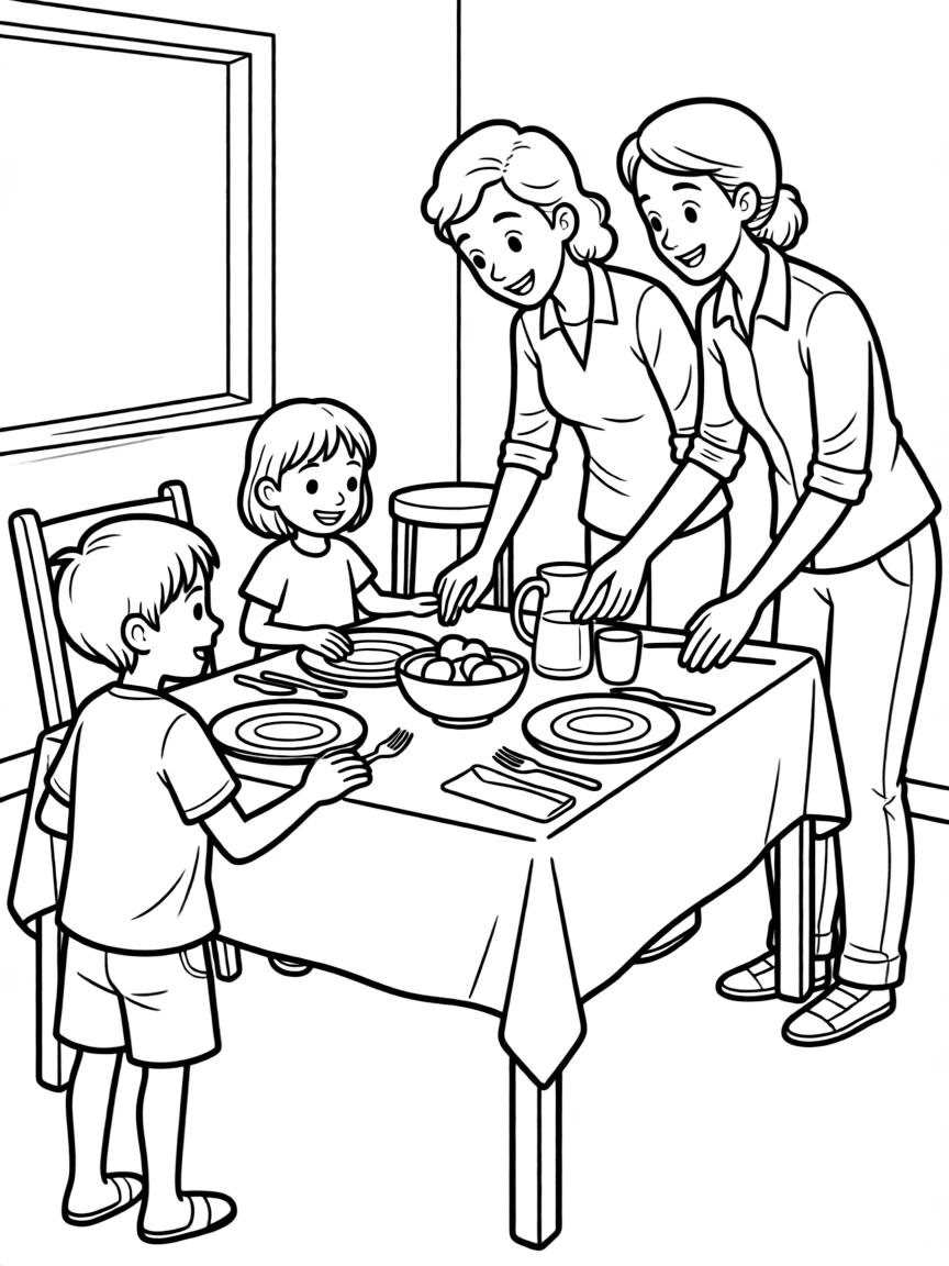 Children helping parents set the dinner table