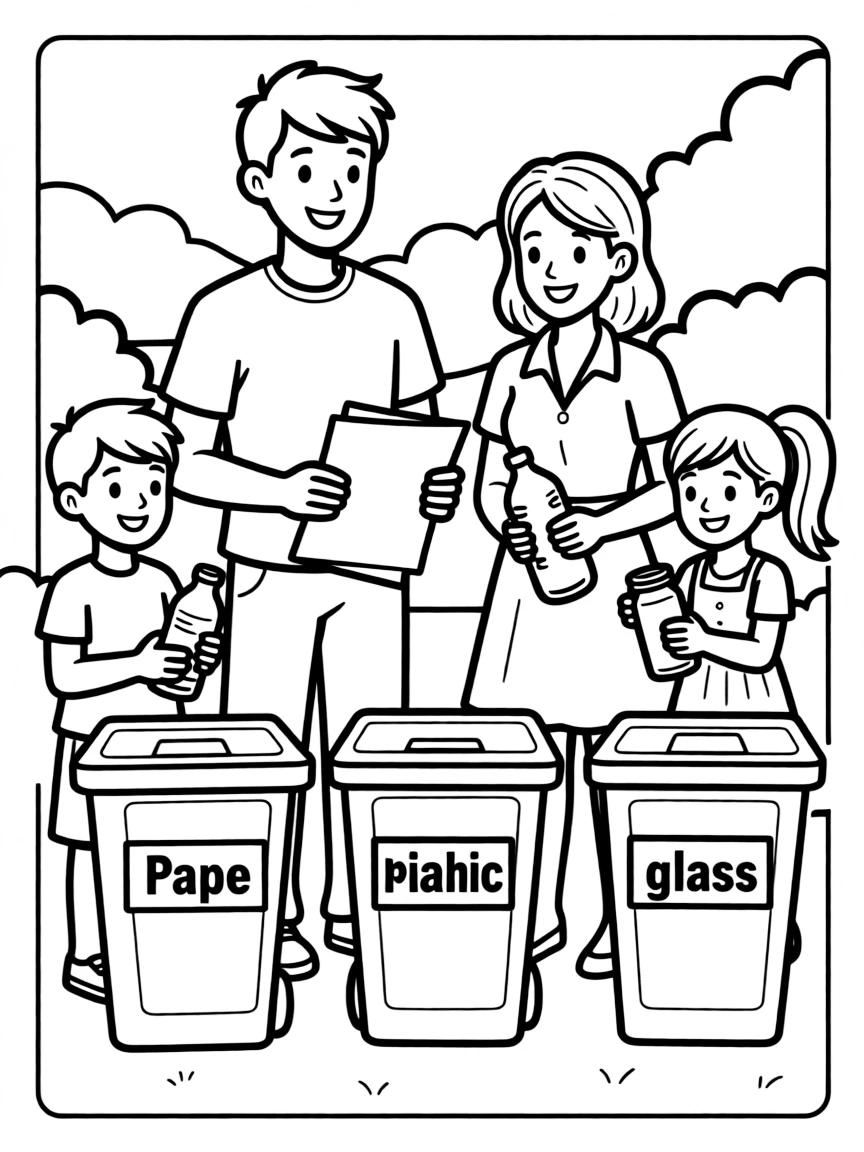 Family recycling together with labeled bins