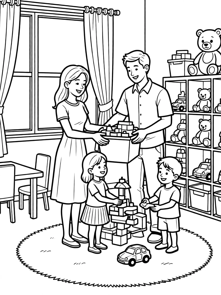 Family organizing toys in a playroom