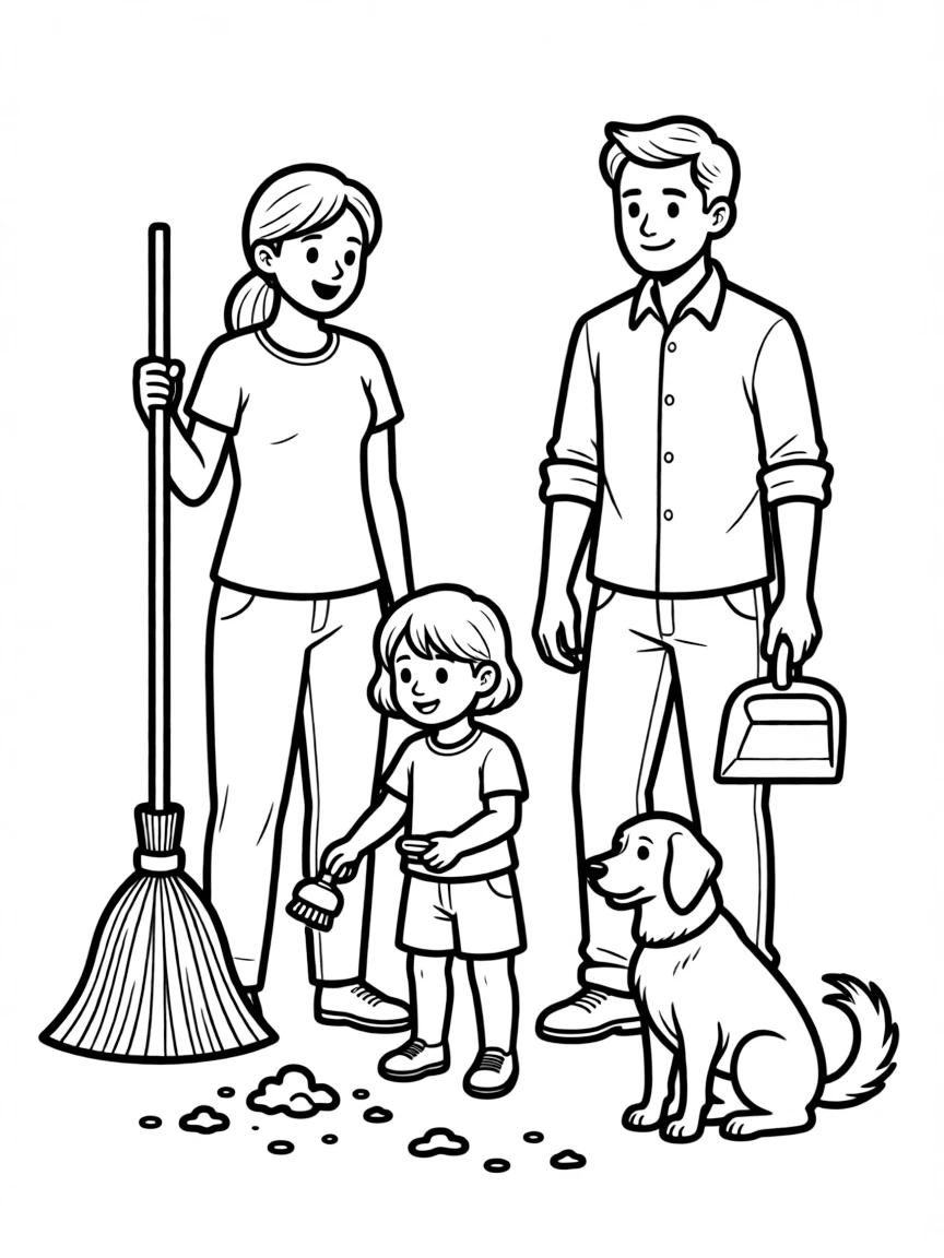 Family cleaning up after a pet with broom and dustpan