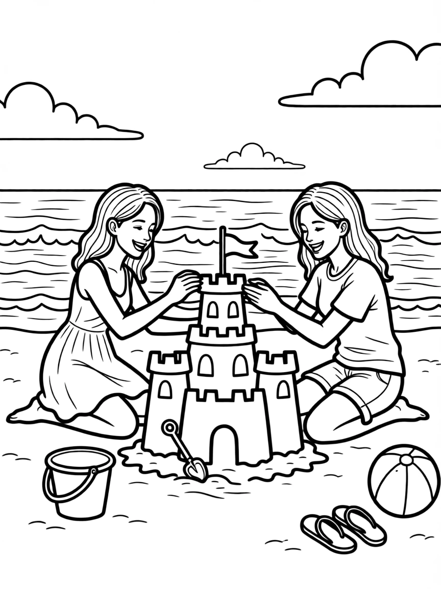Two-mom family having a beach day with sandcastles
