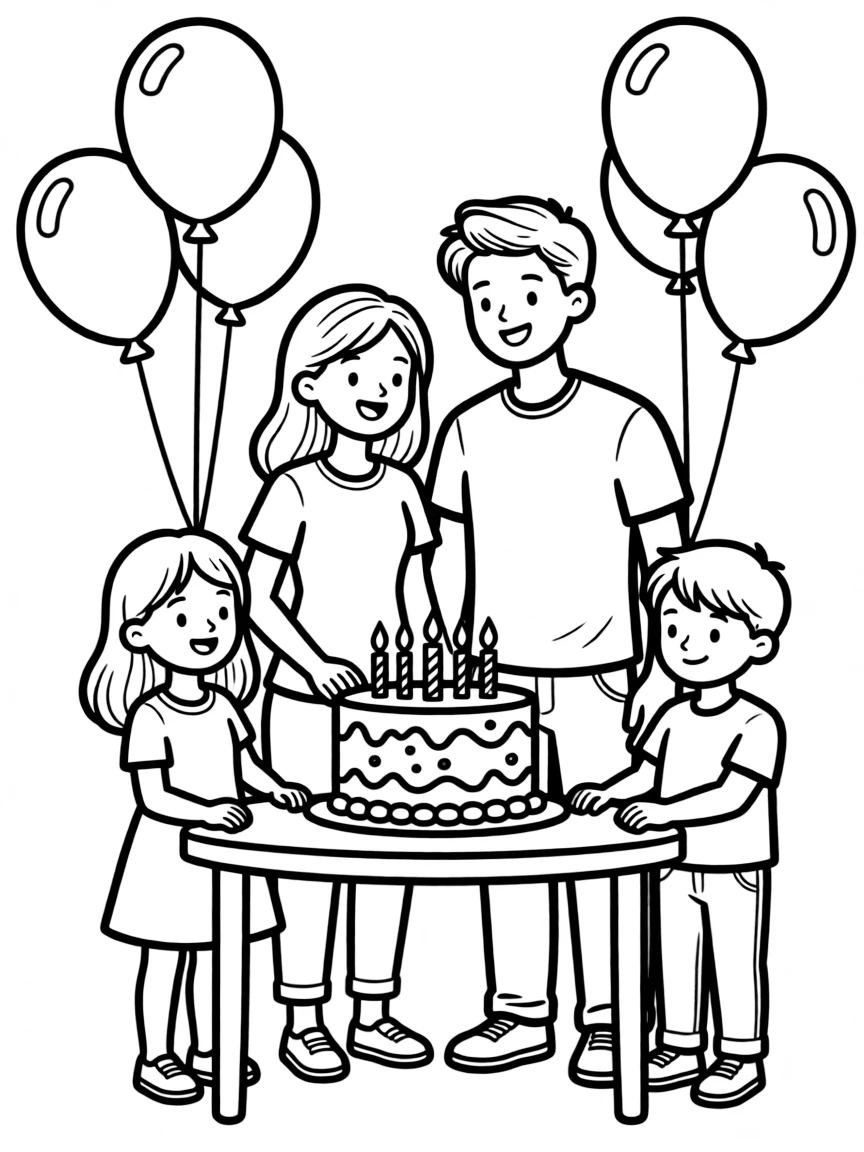 Adoptive family celebration with balloons and cake