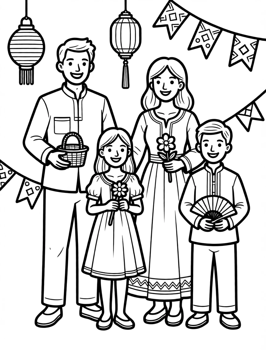 Family celebrating cultural heritage with traditional clothing