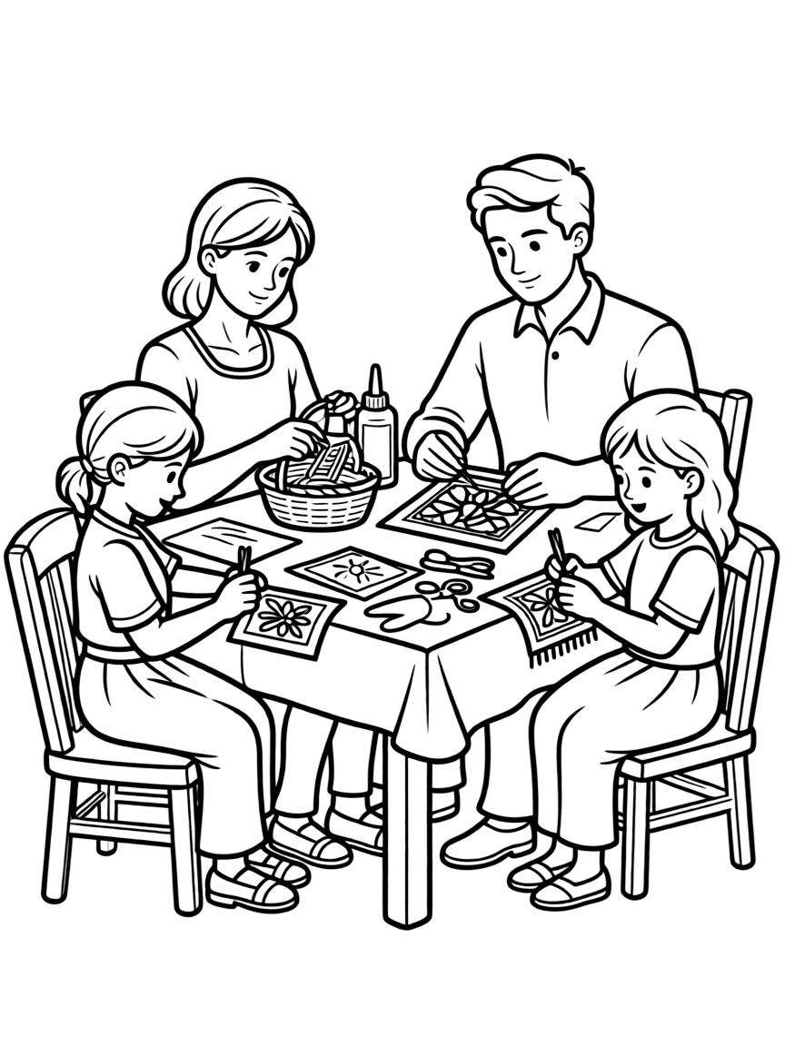 Family making traditional crafts with detailed patterns