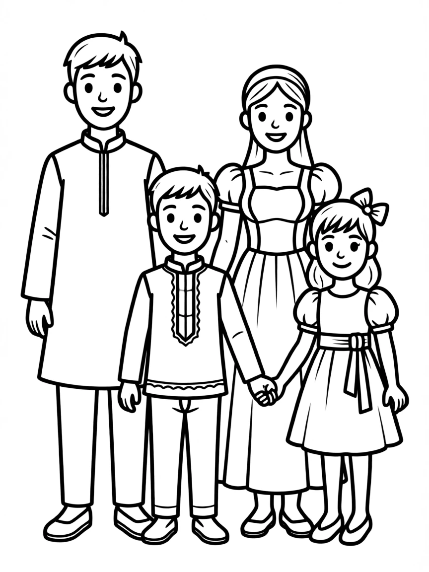 Family wearing traditional outfits for a special occasion