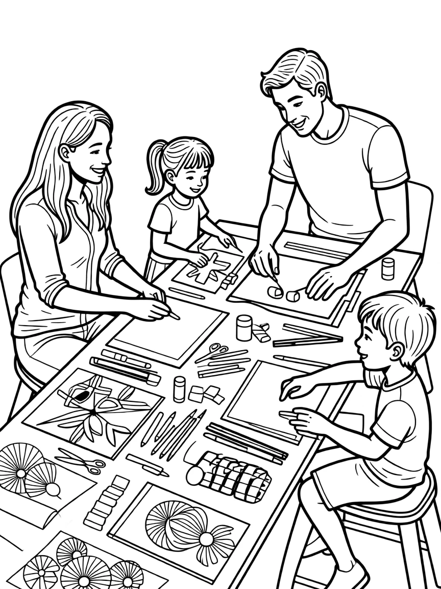 Family creating cultural art projects together