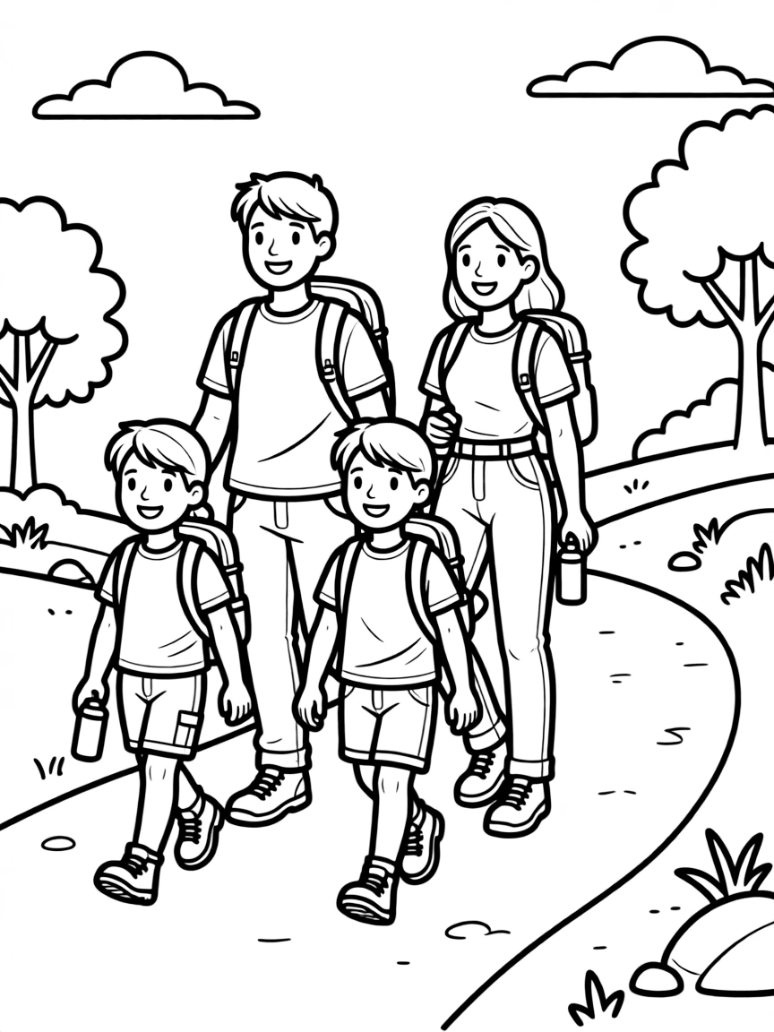 Family on a hiking trail with backpacks and water bottles