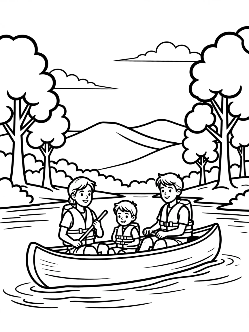 Family canoeing on a lake with trees and mountains